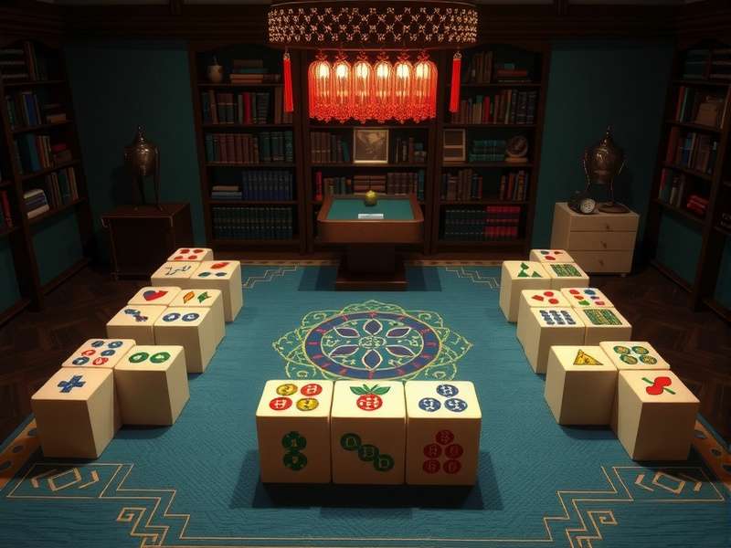Beautiful mahjong tiles arranged in traditional pattern on wooden table
