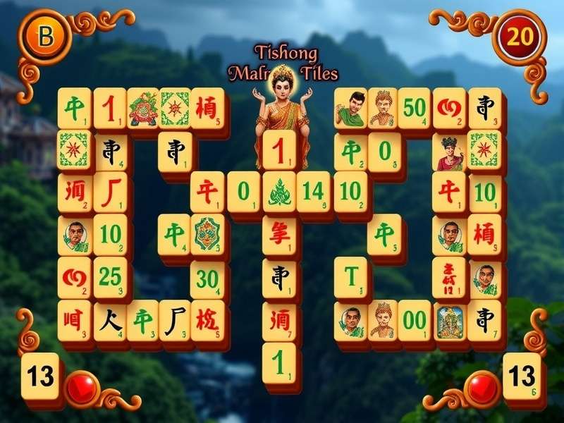 Colorful Mahjong tiles arranged in a solitaire pattern