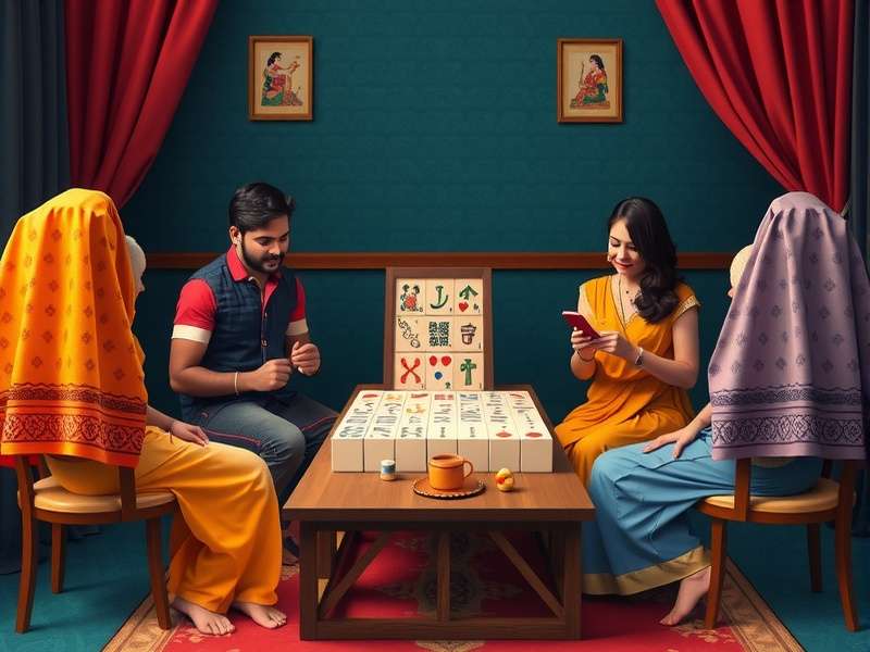 A group of friends in India playing Mahjong 4 Friends on their devices, smiling and interacting