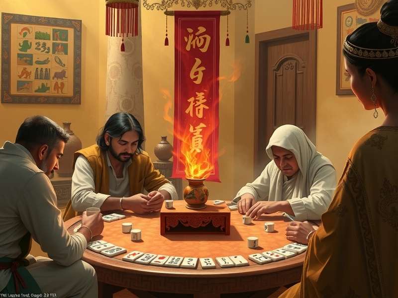 Intricate Mahjong tiles arranged in a complex pattern on a wooden table