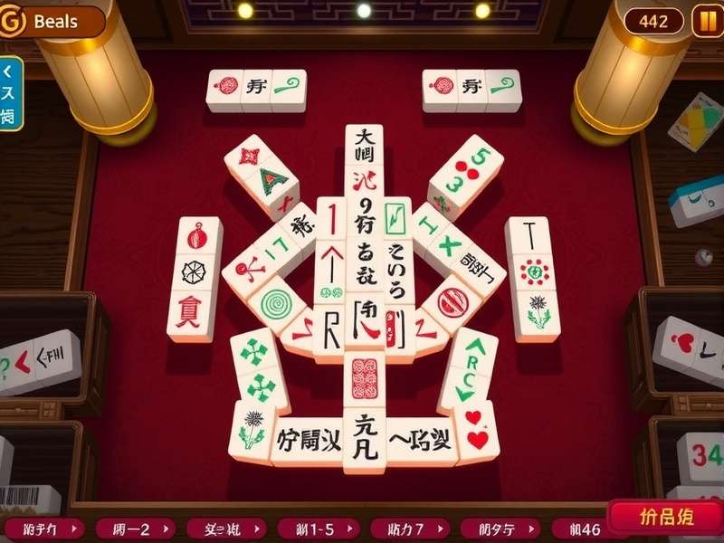 A beautiful arrangement of Mahjong tiles on a wooden table, showcasing various suits and characters
