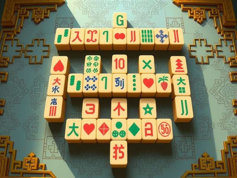 A beautifully arranged set of Mahjong tiles on a wooden table, showcasing the intricate designs and symbols.