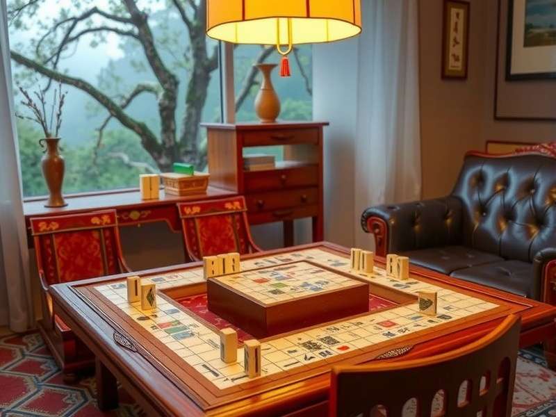 Traditional Mahjong tiles arranged in a game layout on a wooden table
