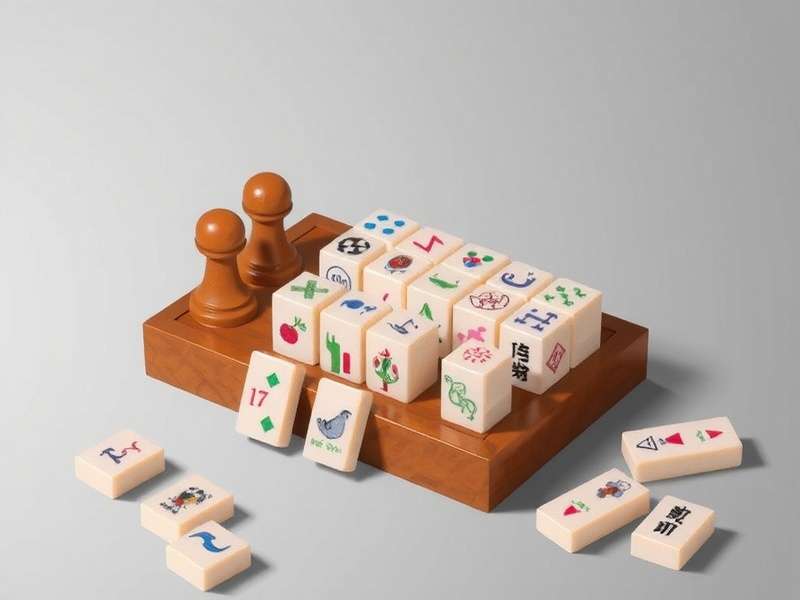 Beautiful Mahjong set displayed on a wooden table with tiles arranged for a game