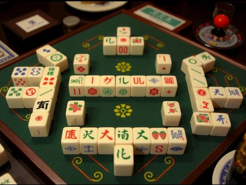 Indian Mahjong Setup showing table layout with four players, tile wall, racks and dice