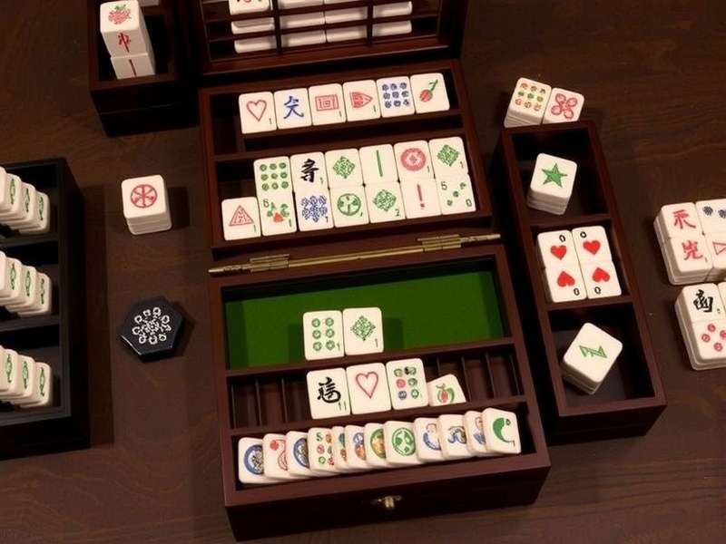 Premium Mahjong set unboxed on a wooden table with tiles, racks, and dice arranged beautifully