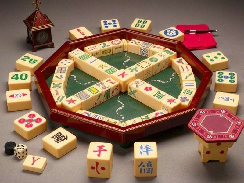A beautifully arranged Mahjong set on a wooden table with tiles ready for play